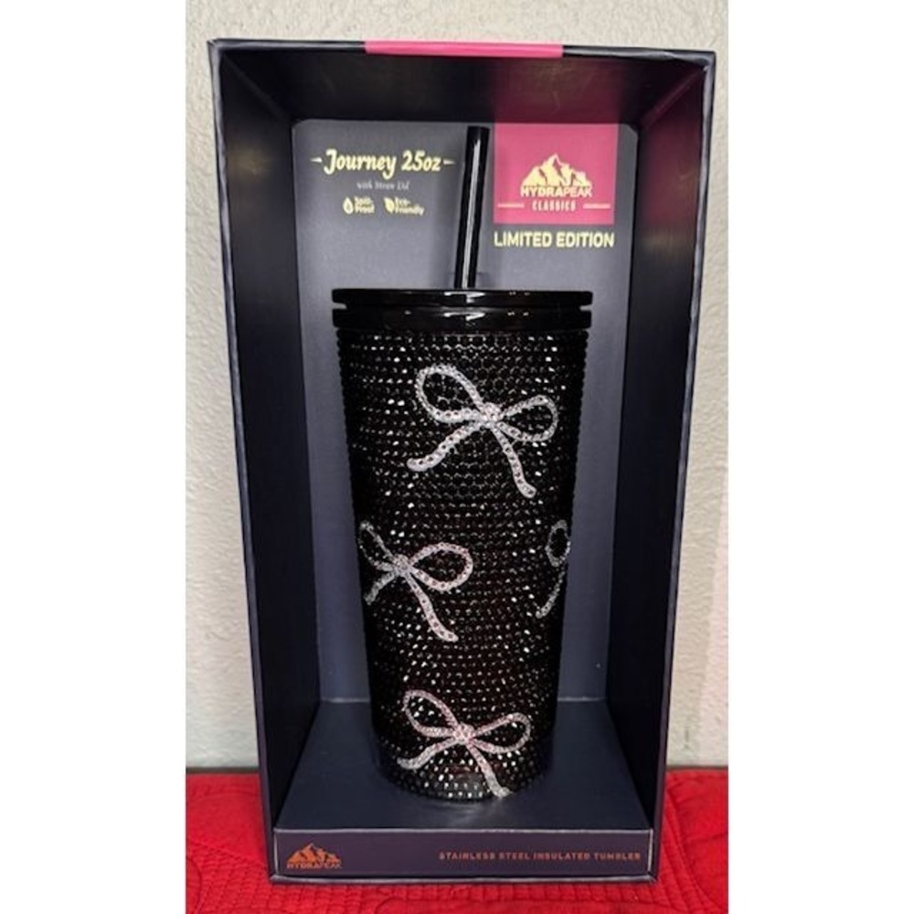 Limited Edition Hydrapeak Black Silver Bow Rhinestone Tumbler 25oz Insulated Cup